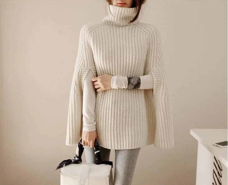 Women’s Oversized Cape Jumper Ribbed Knit Turtleneck Design 0