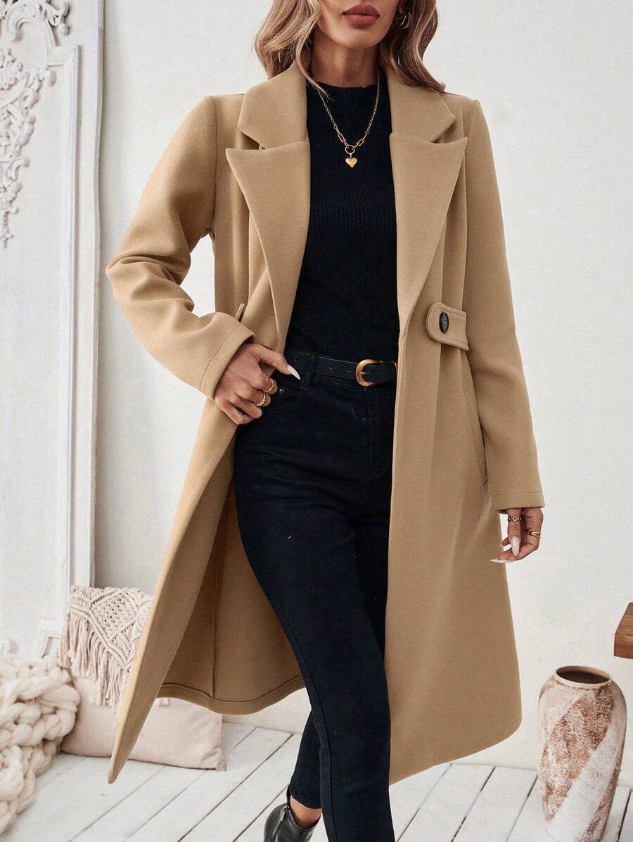 Adelheid Classic Coat with Notch Lapels and Flap Pockets - Khaki