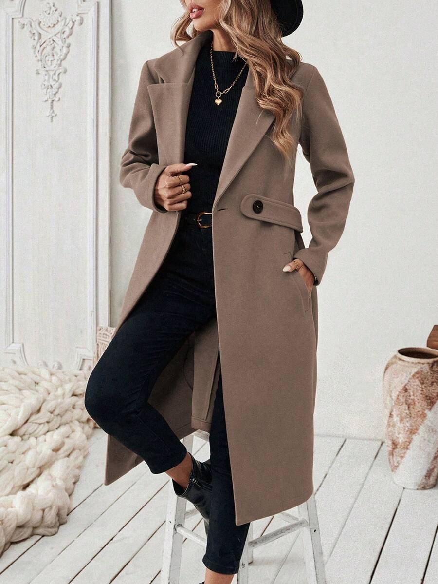 Adelheid Classic Coat with Notch Lapels and Flap Pockets - Coffee Brown