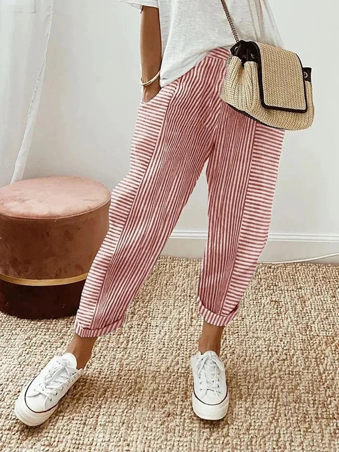 Adelle Striped Trousers with Slim Leg and Flat Waistband - Pink