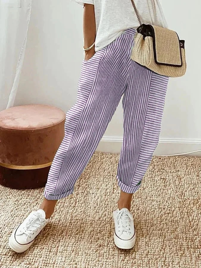 Adelle Striped Trousers with Slim Leg and Flat Waistband - Purple
