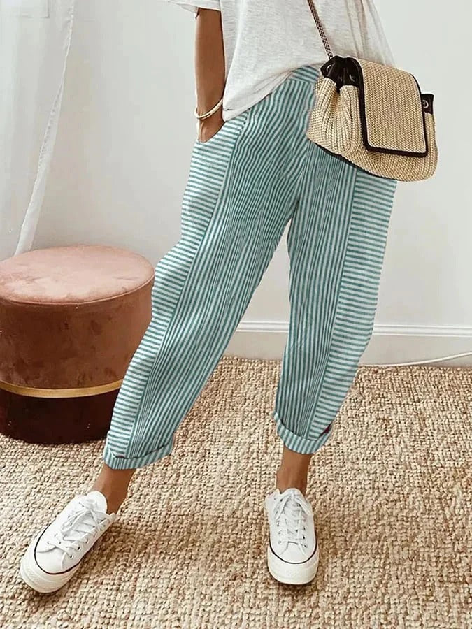 Adelle Striped Trousers with Slim Leg and Flat Waistband - Green