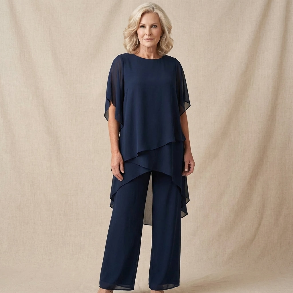 Aine Two Piece Set with Draped Top and Matching Bottoms - Blue