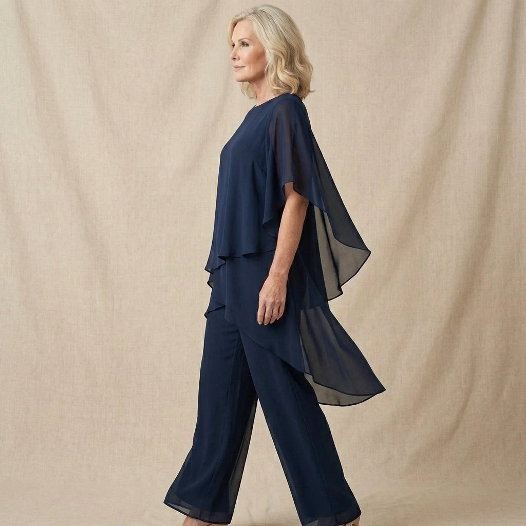 Aine Two Piece Set with Draped Top and Matching Bottoms - Blue