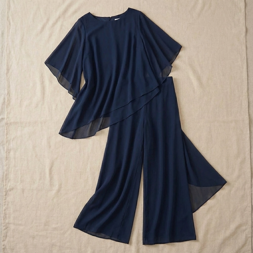 Aine Two Piece Set with Draped Top and Matching Bottoms - Blue