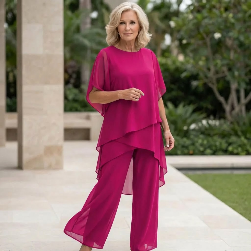 Aine Two Piece Set with Draped Top and Matching Bottoms - Pink