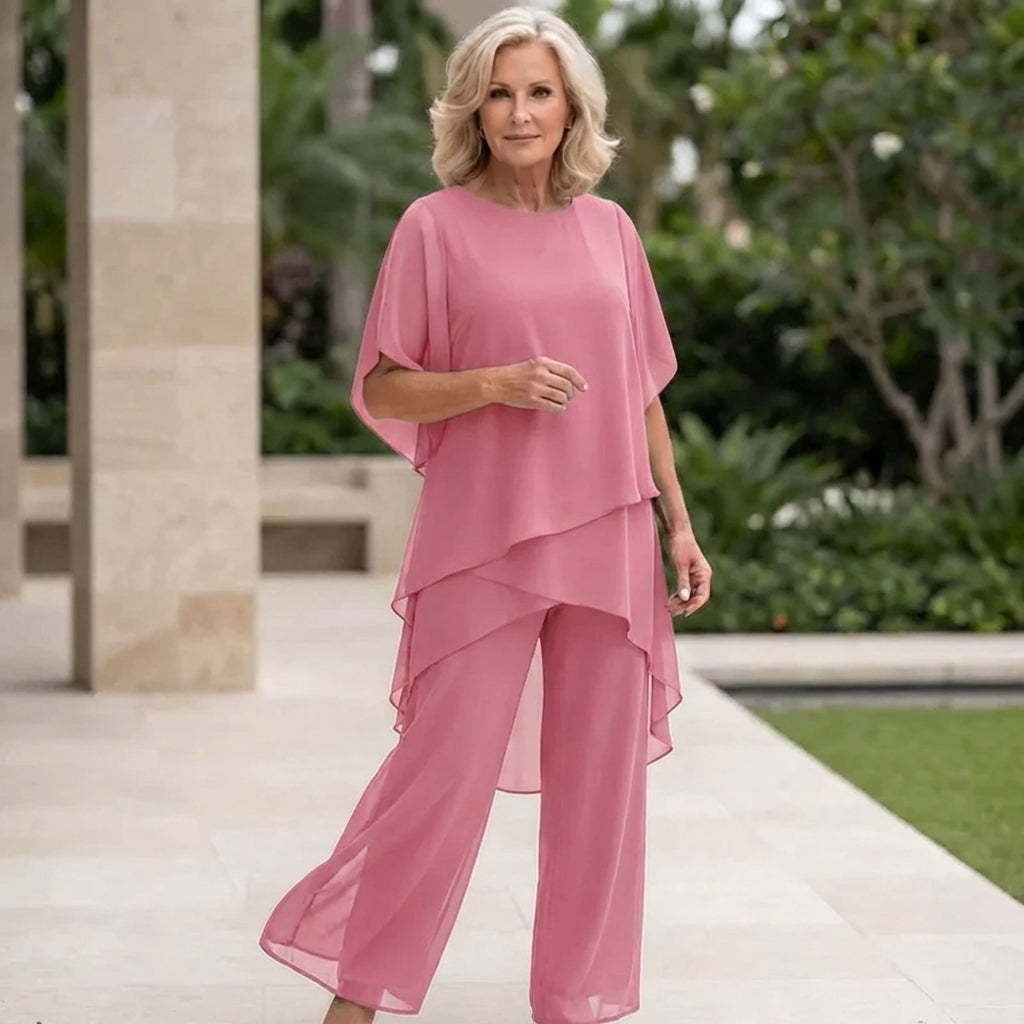 Aine Two Piece Set with Draped Top and Matching Bottoms - Pink