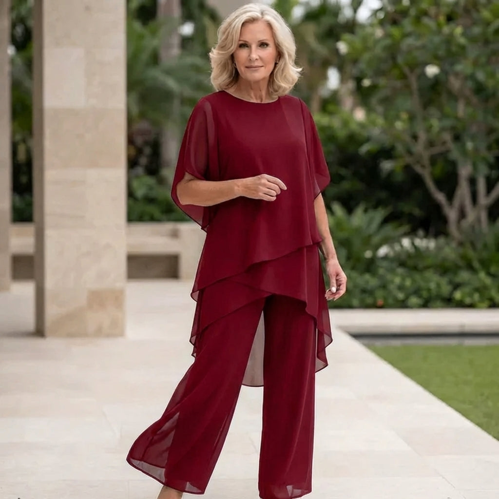 Aine Two Piece Set with Draped Top and Matching Bottoms - Red