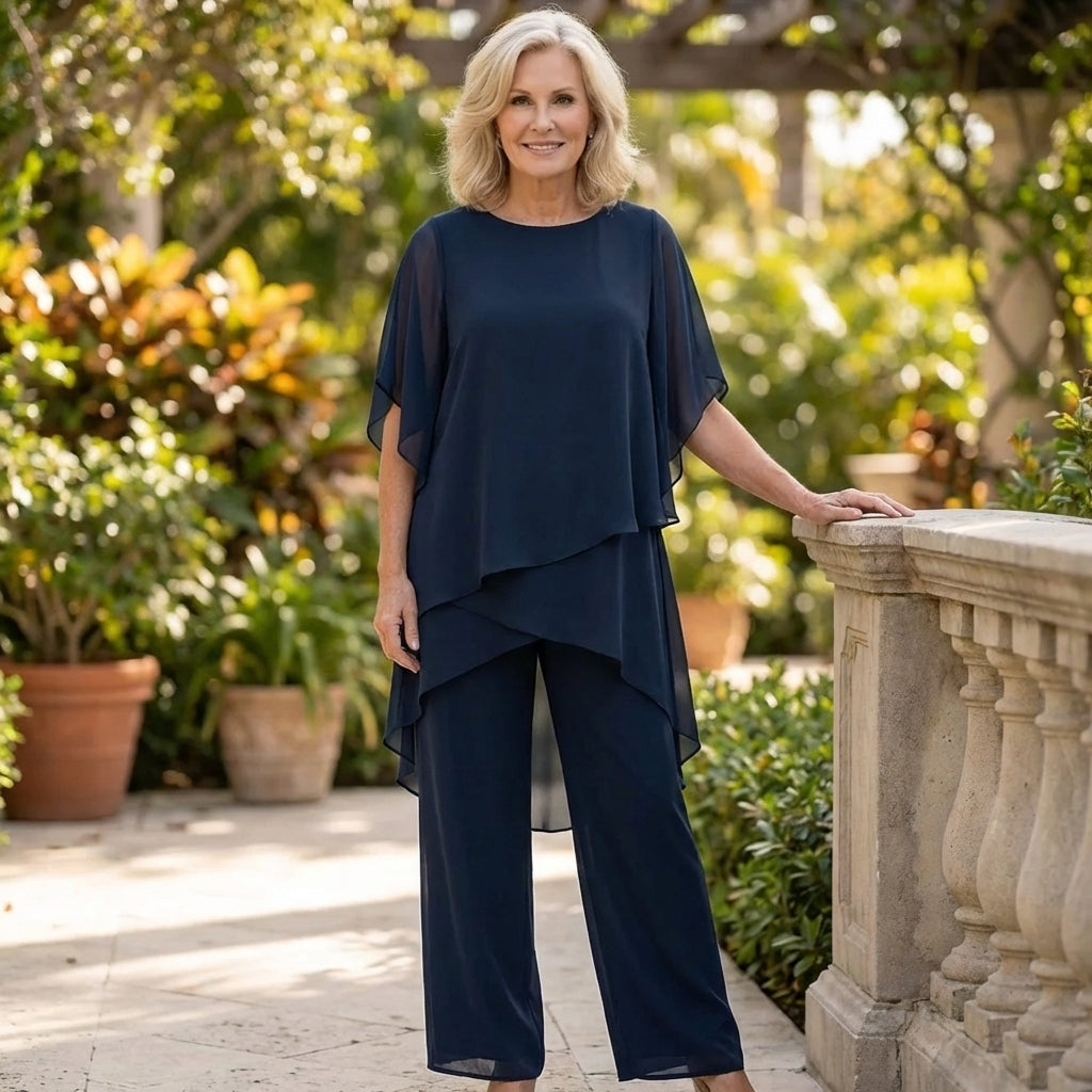 Aine Two Piece Set with Draped Top and Matching Bottoms - Blue