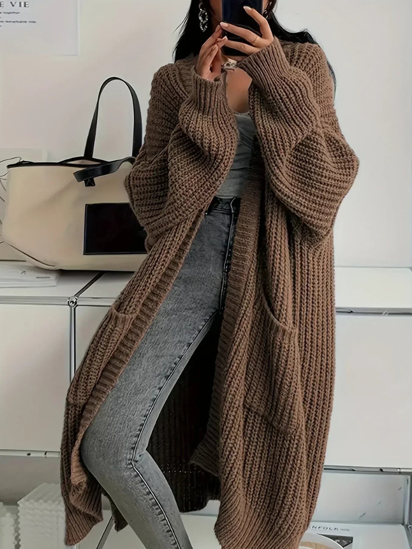 Allie Longline Cardigan with Open Front and Side Pockets - Brown
