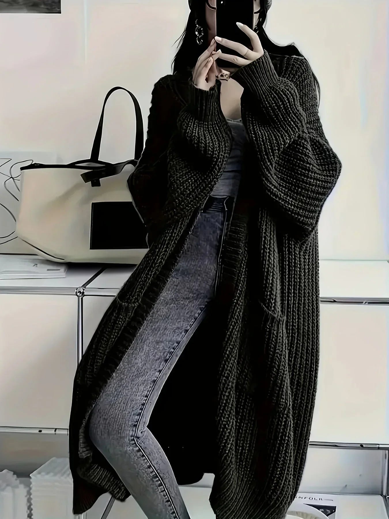 Allie Longline Cardigan with Open Front and Side Pockets - Black