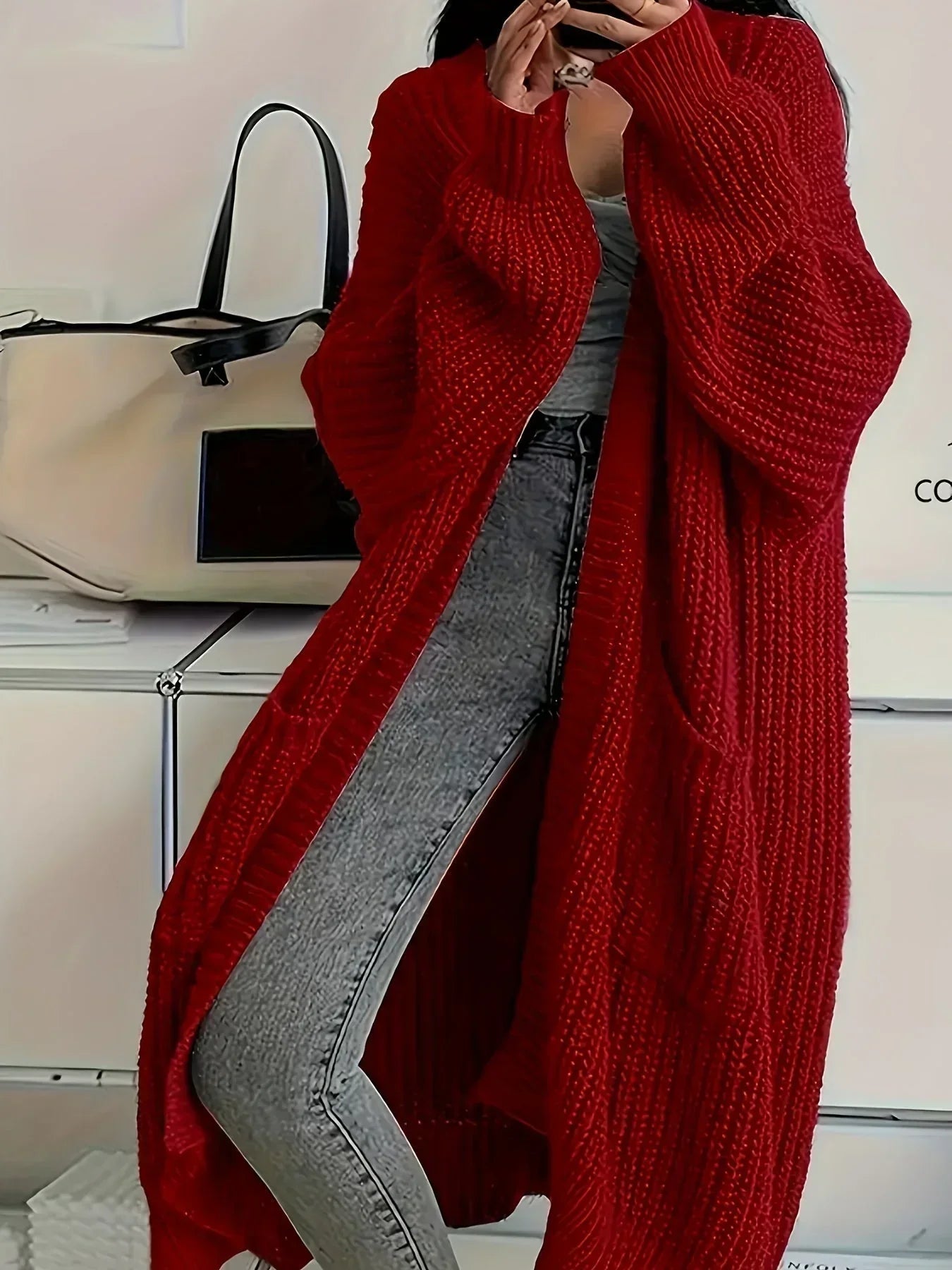 Allie Longline Cardigan with Open Front and Side Pockets - Red