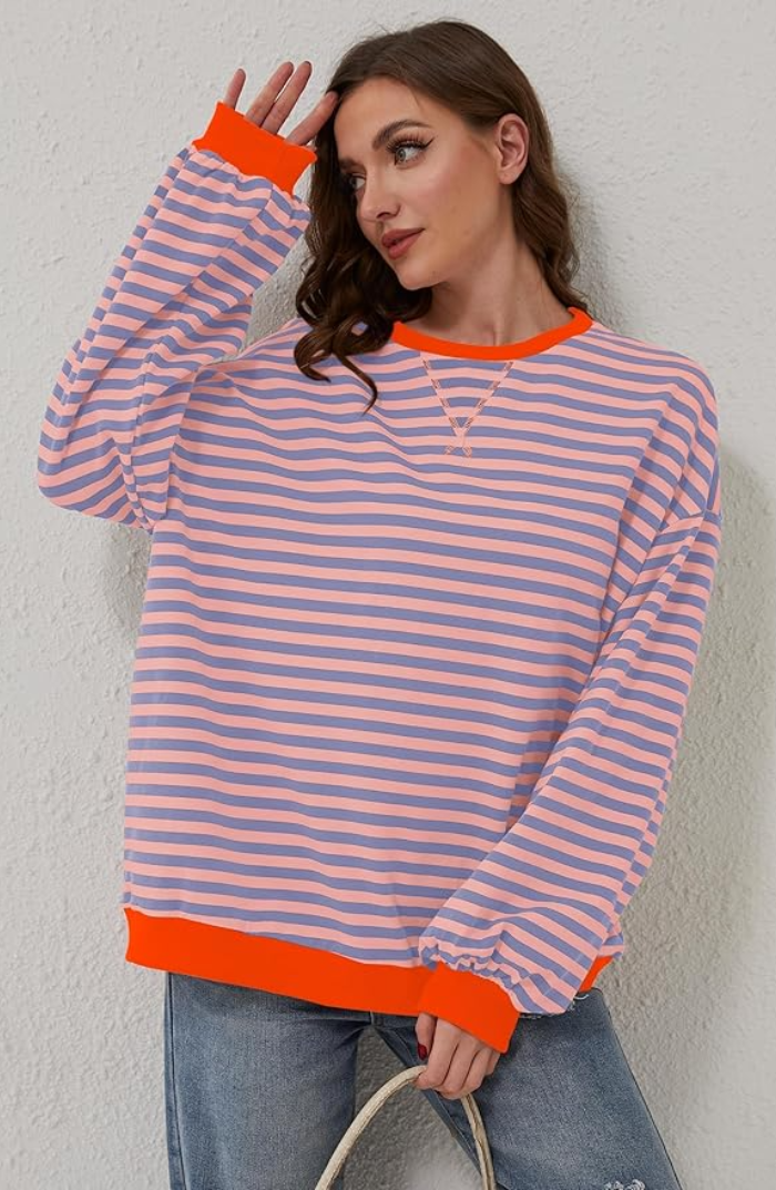 Amelia Oversized Striped Sweater with Wide Neckline - Orange Striped