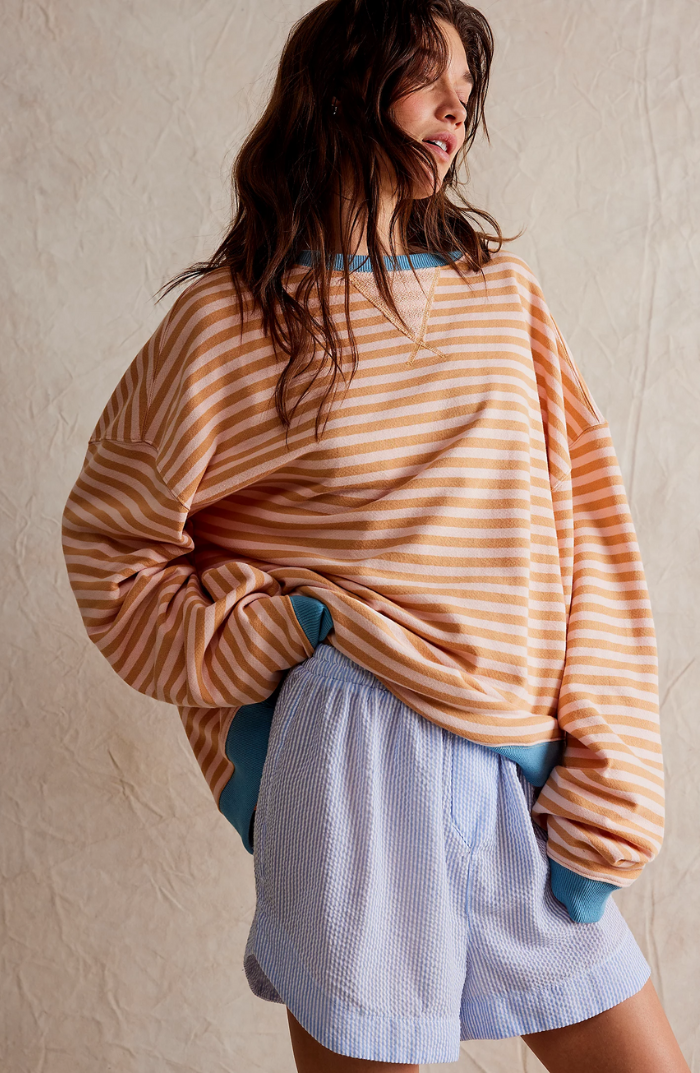 Amelia Oversized Striped Sweater with Wide Neckline - Orange Blue