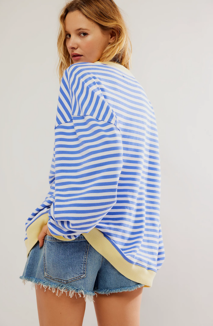 Amelia Oversized Striped Sweater with Wide Neckline - Sky Blue