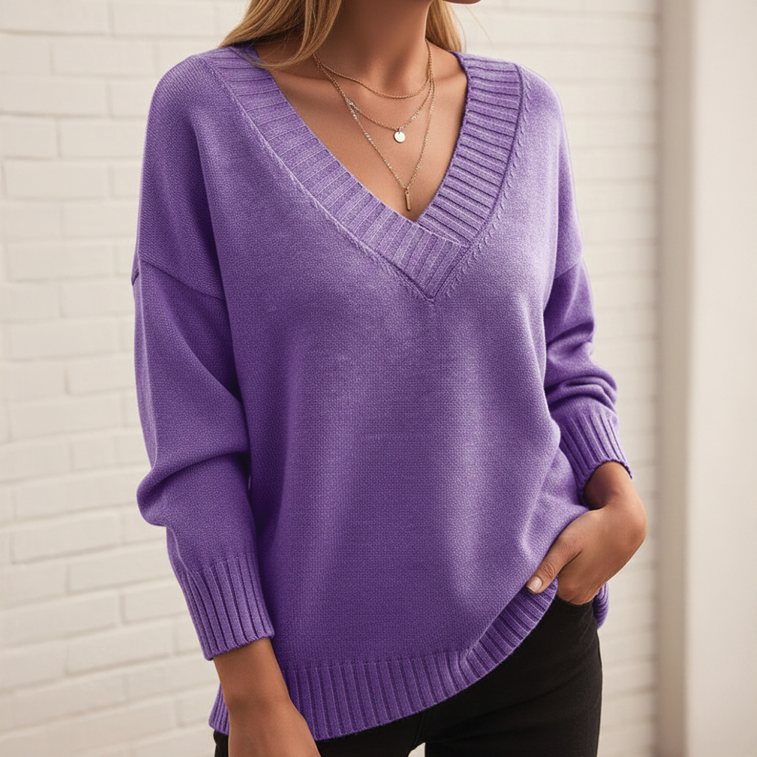 Amerie V-Neck Sweater with Ribbed Trim and Straight Body - Purple