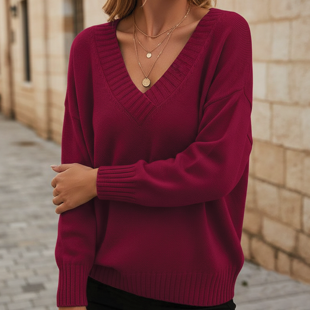 Amerie V-Neck Sweater with Ribbed Trim and Straight Body - Dark Red