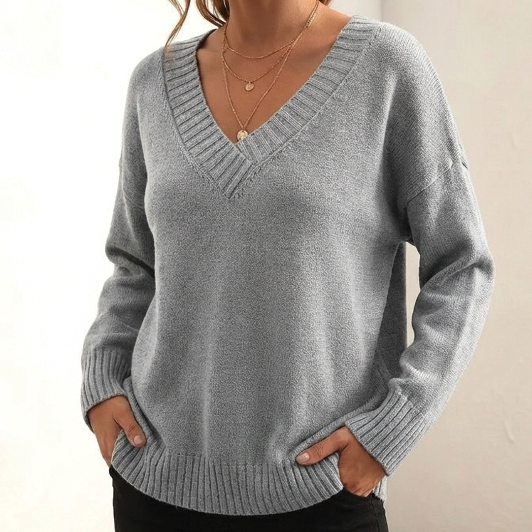 Amerie V-Neck Sweater with Ribbed Trim and Straight Body - Light Gray