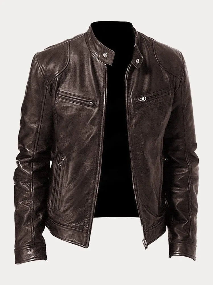 Ansel Men's Biker-Cut Jacket with Snap Collar - Brown