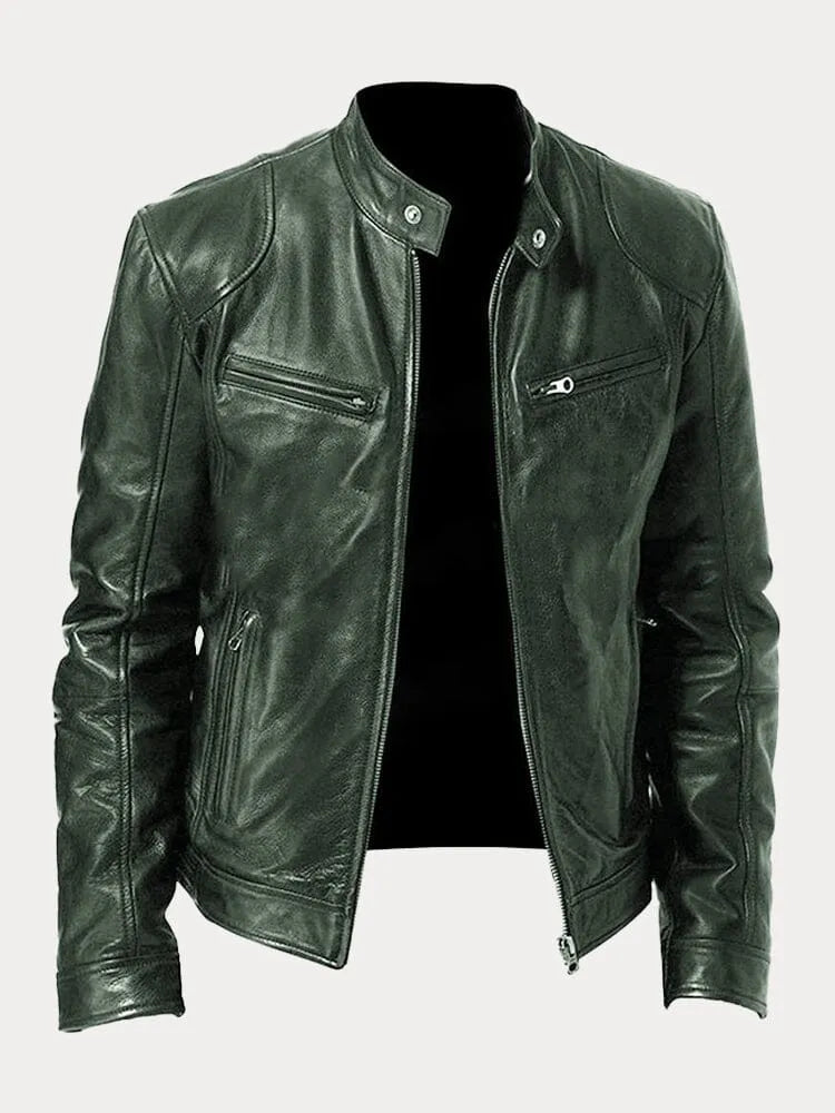 Ansel Men's Biker-Cut Jacket with Snap Collar - Army Green