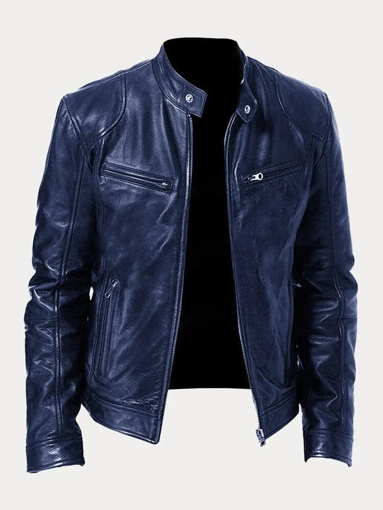 Ansel Men's Biker-Cut Jacket with Snap Collar - Dark Blue
