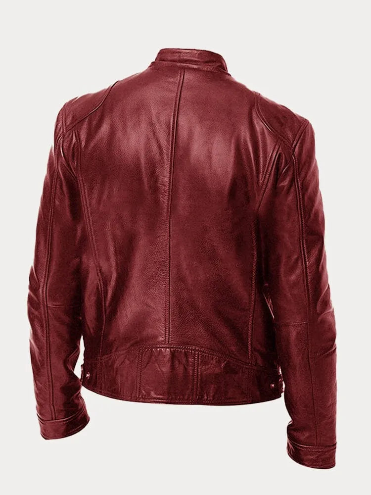 Ansel Men's Biker-Cut Jacket with Snap Collar - Dark Red