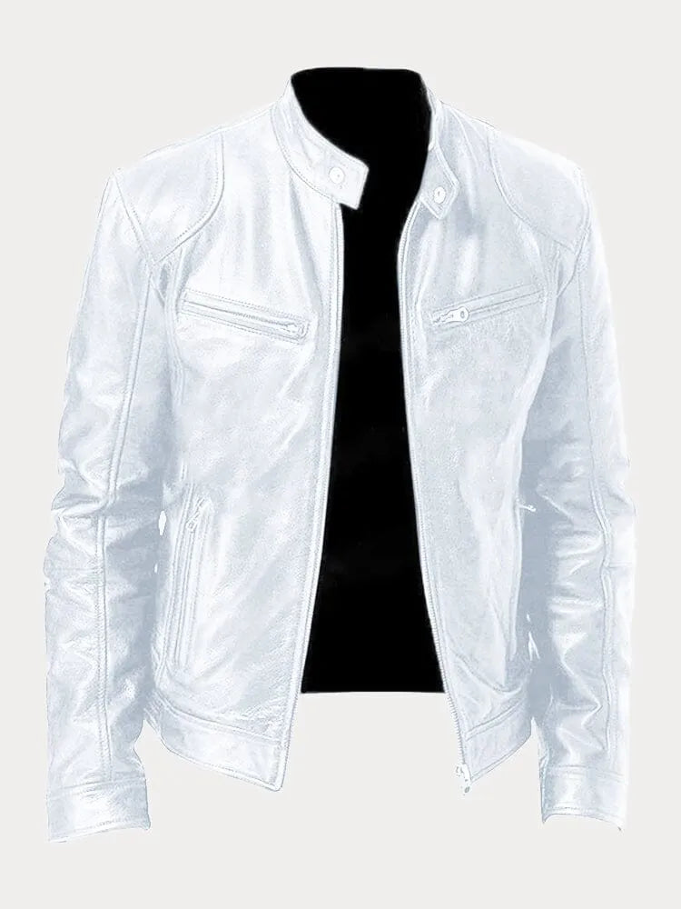 Ansel Men's Biker-Cut Jacket with Snap Collar - White