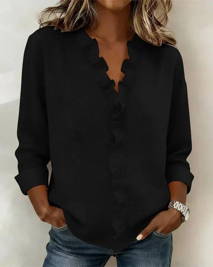 Beatrice V-Neck Blouse with Loose Body and Straight Hem - Black