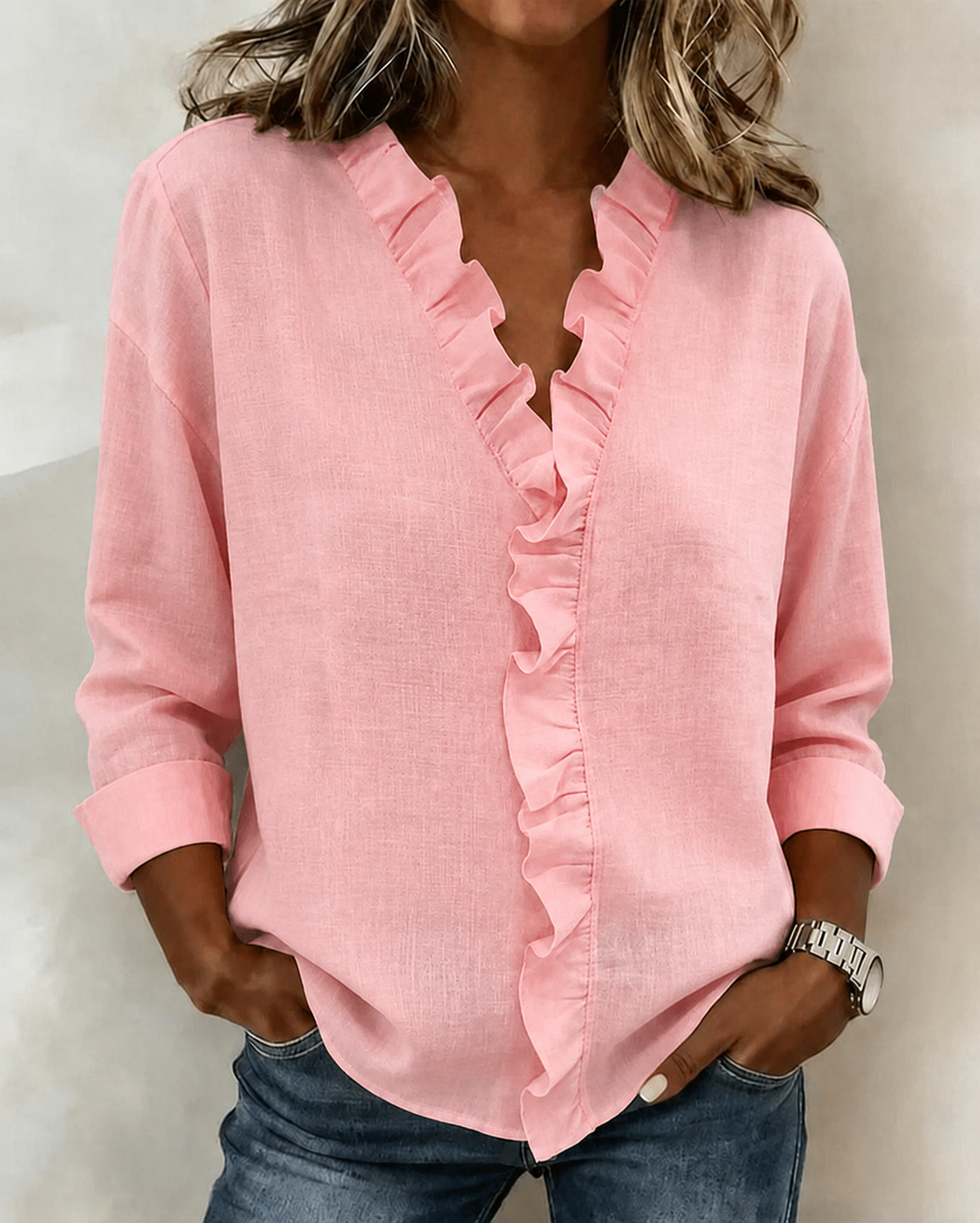 Beatrice V-Neck Blouse with Loose Body and Straight Hem - Pink