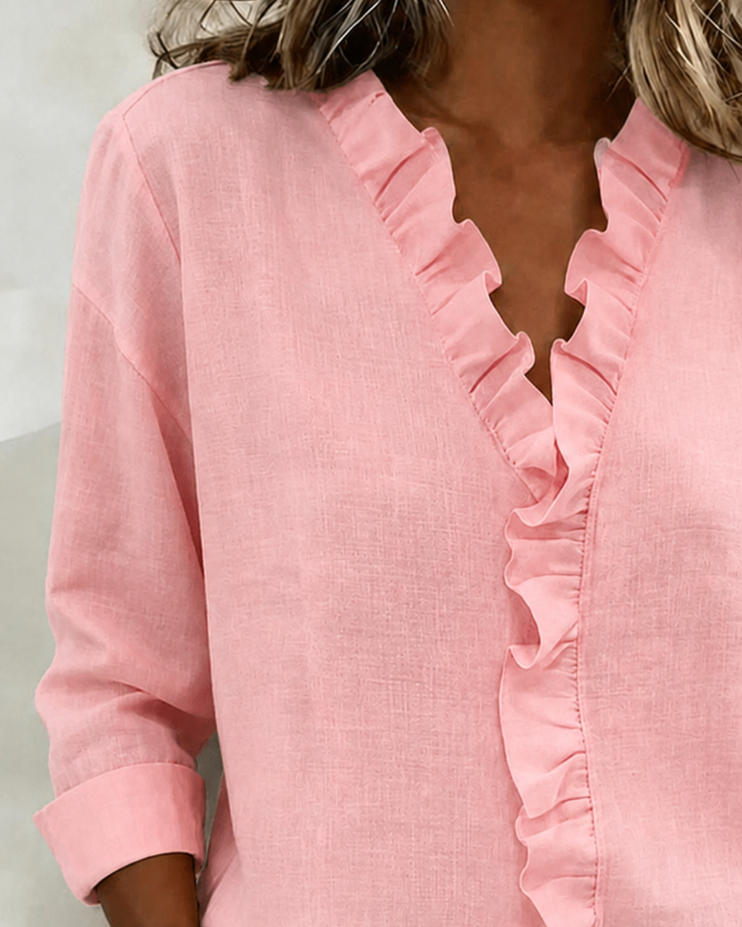 Beatrice V-Neck Blouse with Loose Body and Straight Hem - Pink