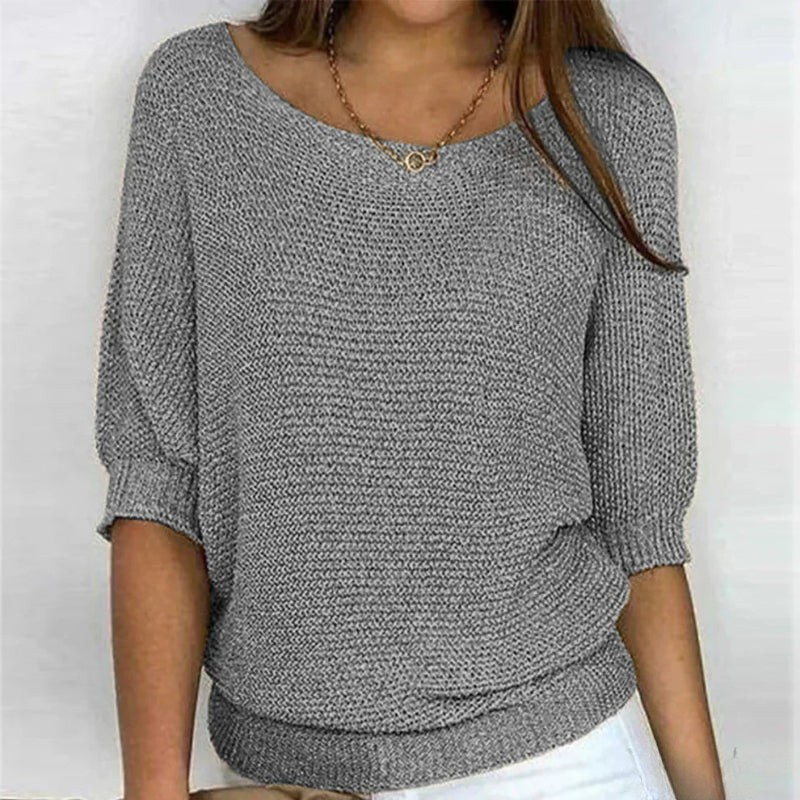 Beatriz Short Sleeve Knit Sweater with Ribbed Hem and Cuffs - Gray