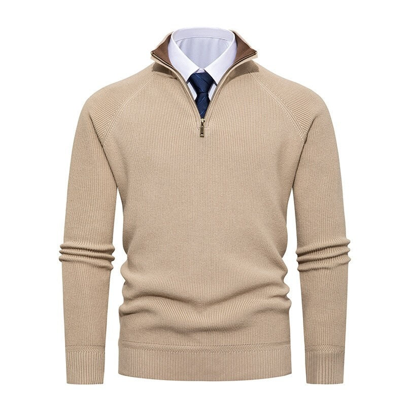 Bernward Men's Ribbed Troyer with Contrast Collar - Khaki