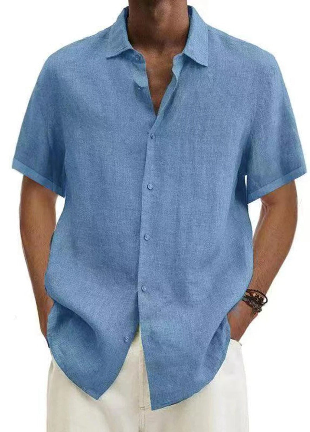 Bryan Men's Short Sleeve Button-Up Shirt with Flat Collar - Blue