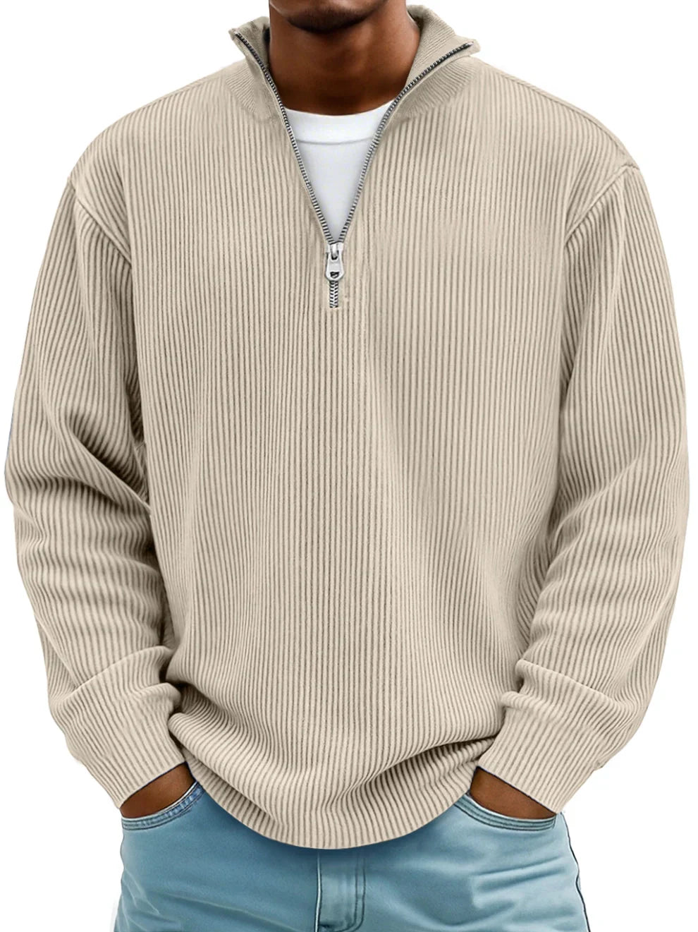 Calixto Men's Half Zip Sweater with Stand Collar - Khaki