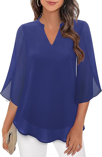 Carmela Flowing Formal Blouse with Covered Buttons - Blue