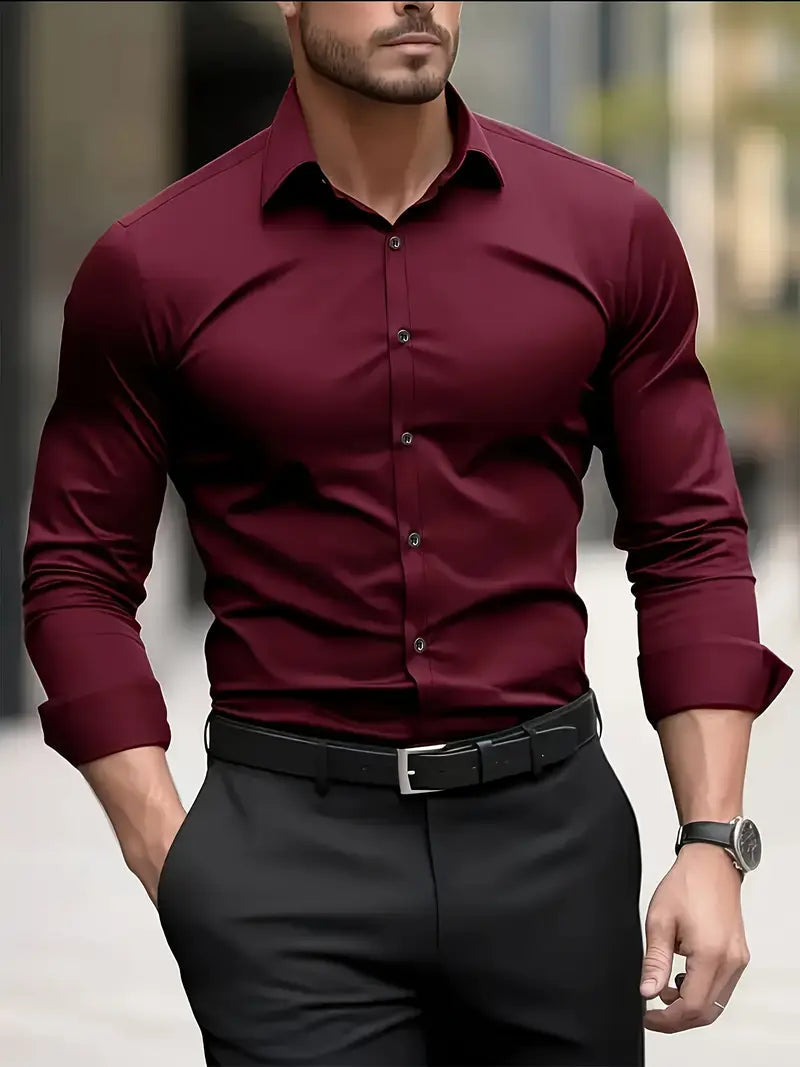 Caspian Men's Dress Shirt with Structured Collar and Yoke - Burgundy