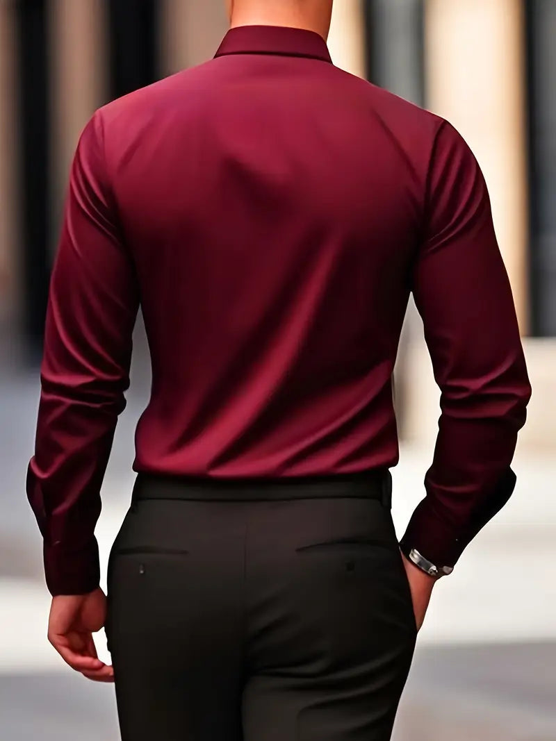 Caspian Men's Dress Shirt with Structured Collar and Yoke - Burgundy
