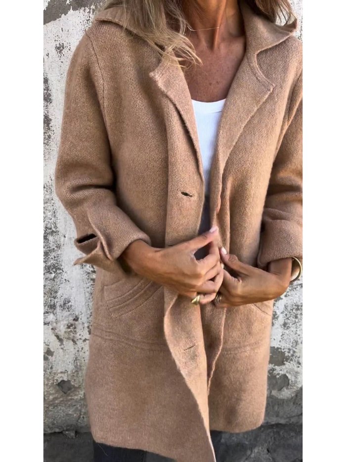 Cassiana Long Open Coat with Clean Front and Level Hem - Khaki