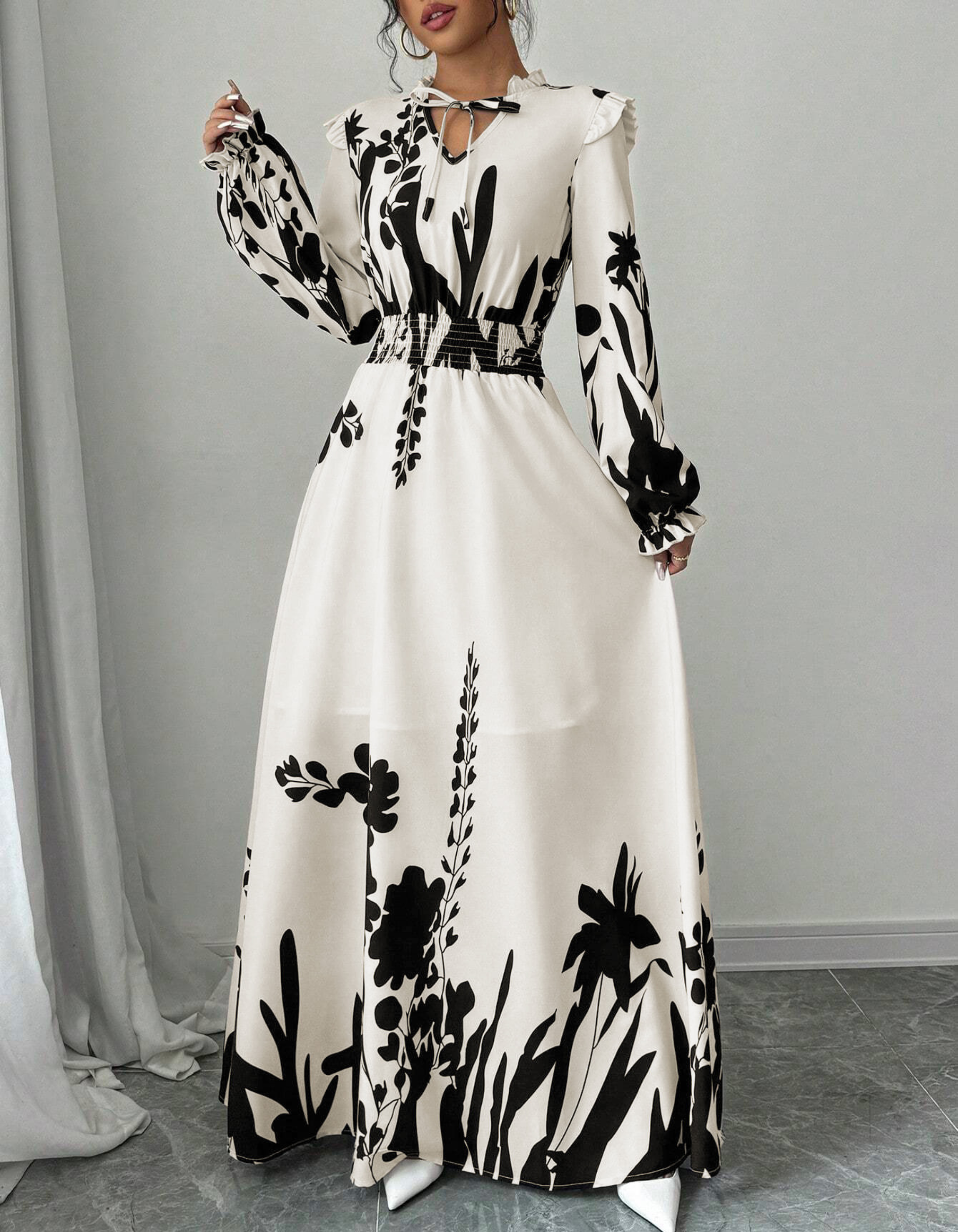 Cassie Maxi Dress with Tie Collar and Long Sleeves - White Floral