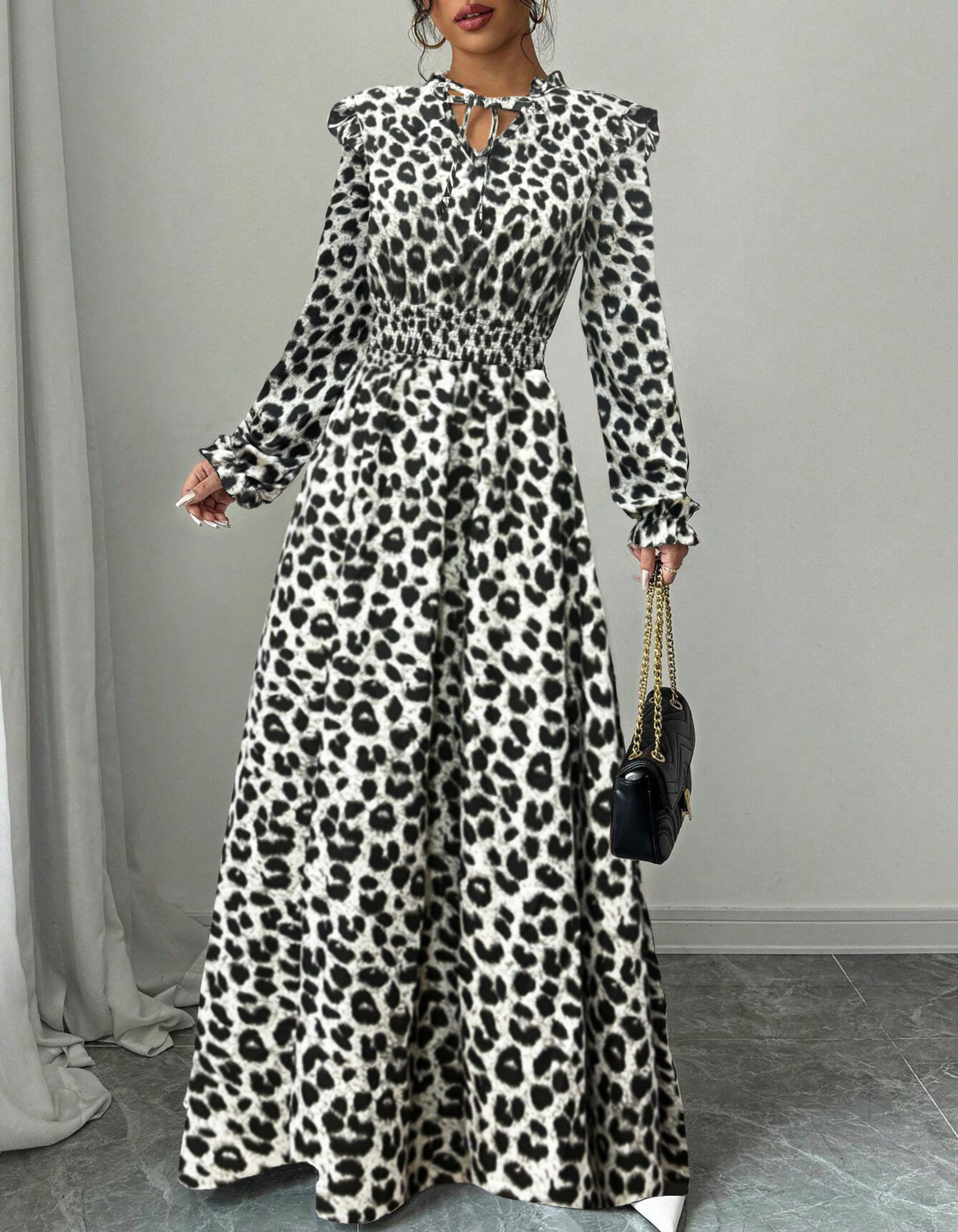 Cassie Maxi Dress with Tie Collar and Long Sleeves - Cheetah Print