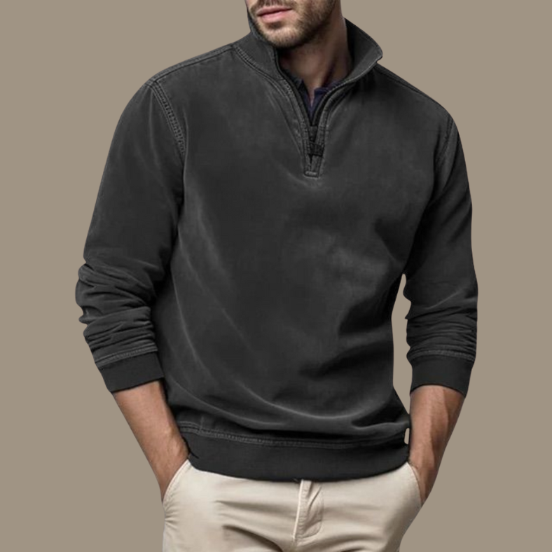 Chard Men's Quarter Zip Sweatshirt with Ribbed Trim - Black