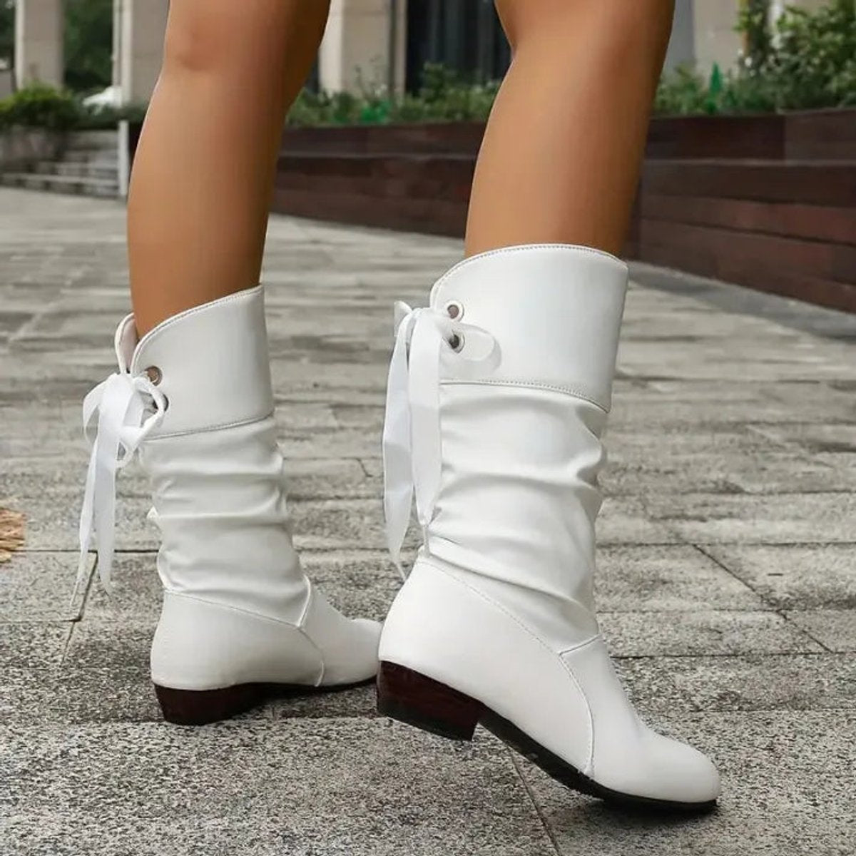 Charline Lace-Up Ankle Boots with Block Heel and Tread - White