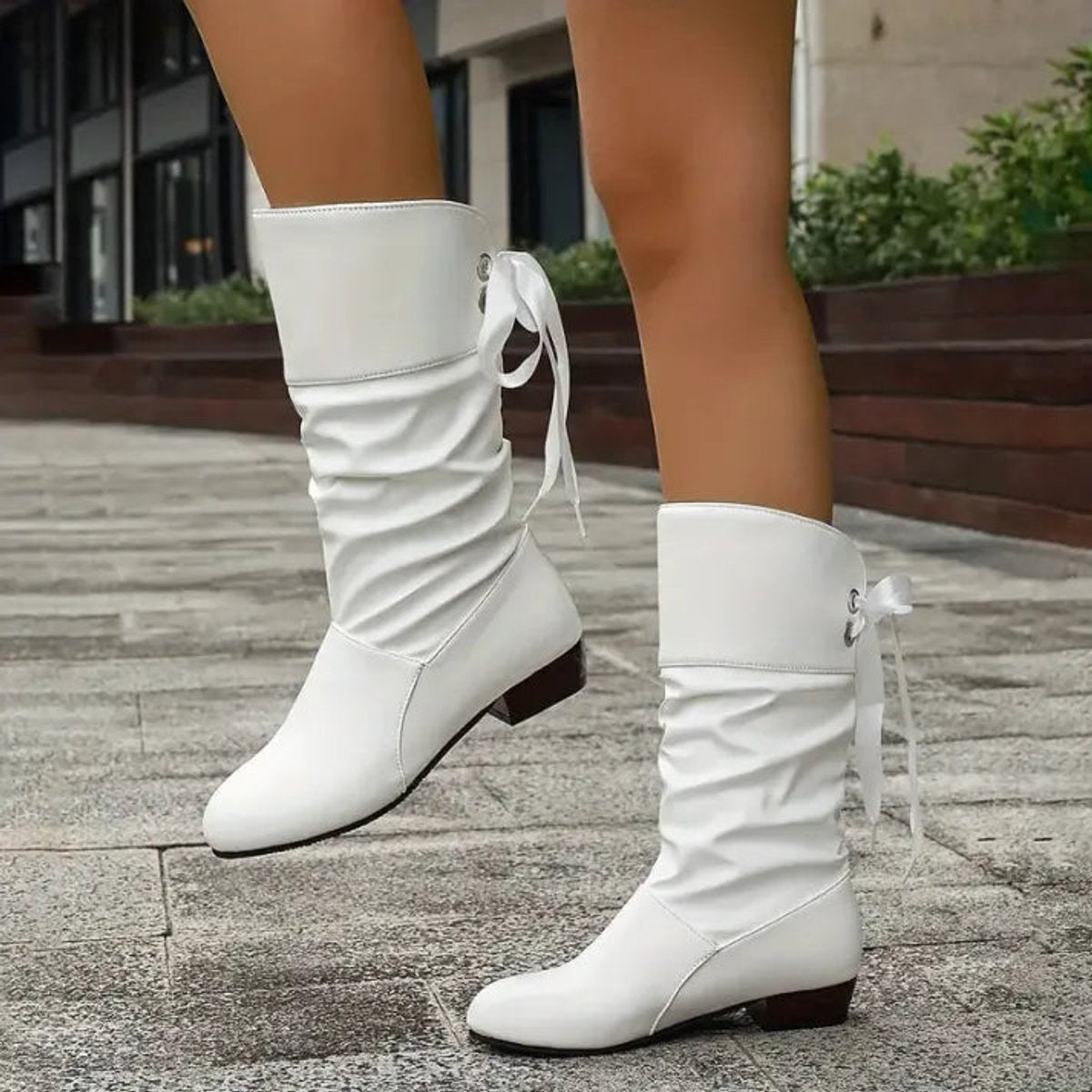 Charline Lace-Up Ankle Boots with Block Heel and Tread - White