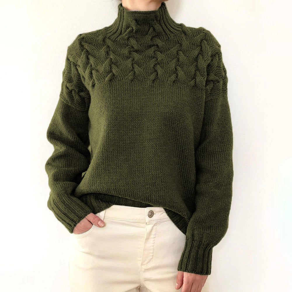 Chasie Cable Knit Turtleneck Sweater with Fold-Over Collar - Dark Green