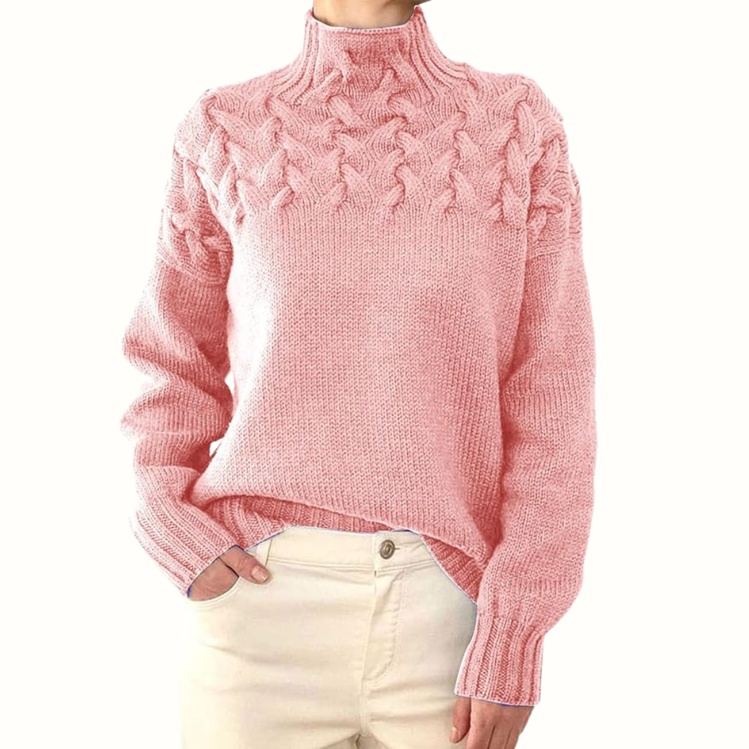 Chasie Cable Knit Turtleneck Sweater with Fold-Over Collar - Light Pink