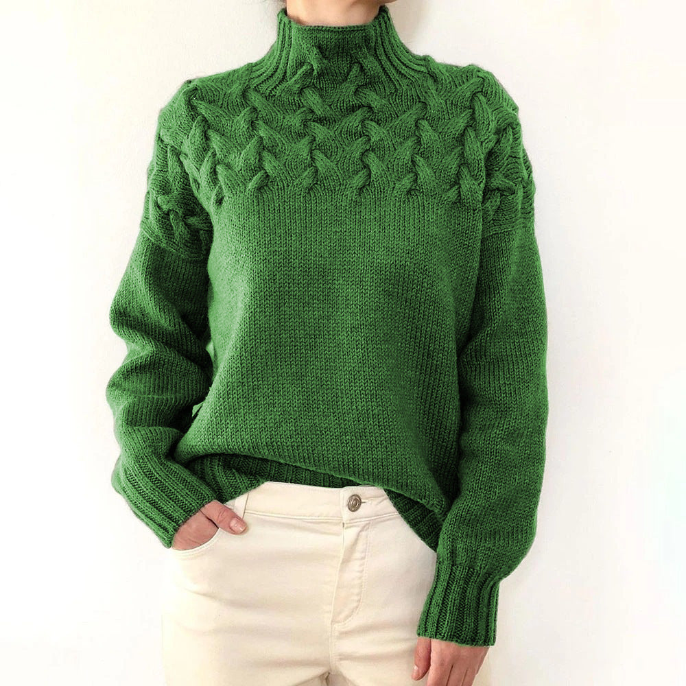 Chasie Cable Knit Turtleneck Sweater with Fold-Over Collar - Green