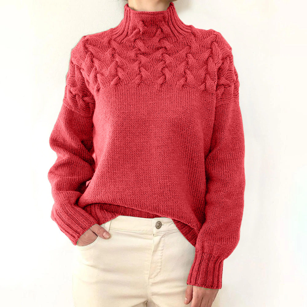 Chasie Cable Knit Turtleneck Sweater with Fold-Over Collar - Light Red