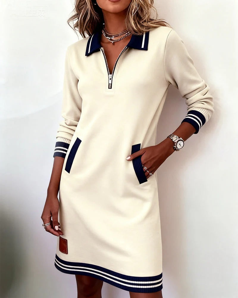 Chiara Midi Dress with Lapel Collar and Side Pockets - White