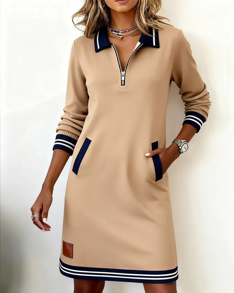 Chiara Midi Dress with Lapel Collar and Side Pockets - Beige