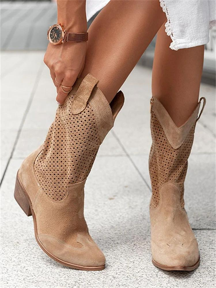 Chloe Cowboy Boots with Block Heel and Perforated Shaft - Khaki